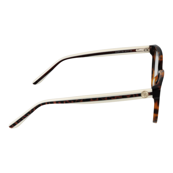 Two-tone tortoise shell brown and white round eyeglasses with gold emblem on temples, plastic frame