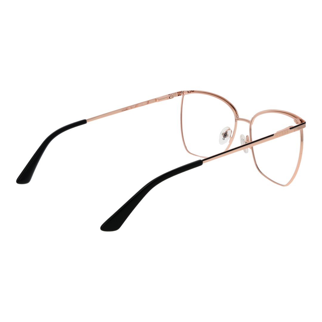 Rose gold metal rectangular eyeglasses with thin black temples and adjustable nose pads on white background