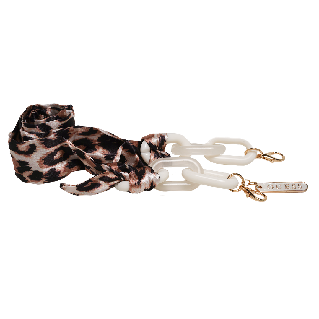 Tortoise cat-eye eyeglasses with gold temple accents and detachable leopard-print scarf on white background