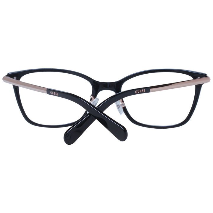 Black rectangular eyeglasses with rose-gold thin metal temples and adjustable nose pads on neutral background