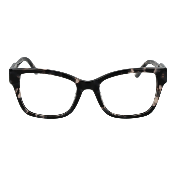 Black and beige tortoiseshell rectangular eyeglasses with thick plastic frame and logo on temple
