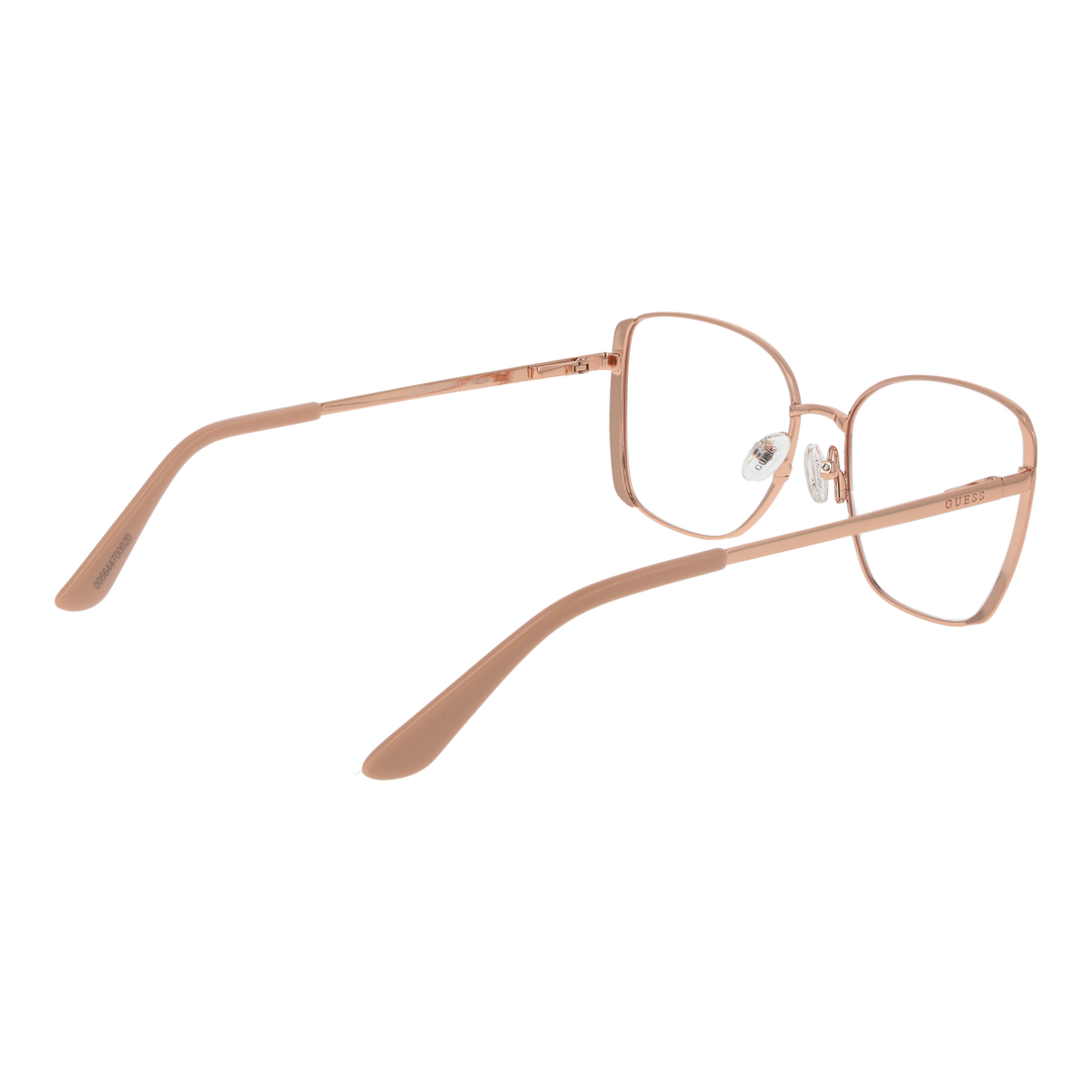 Rose gold metal eyeglasses for Women with thin square lenses and adjustable nose pads on white background