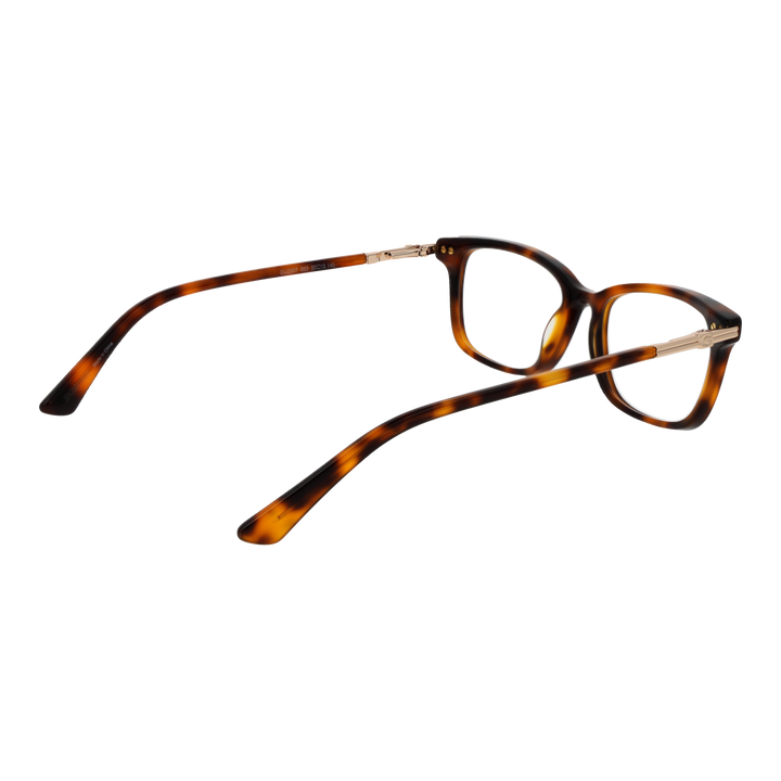 Unisex tortoise brown rectangular eyeglasses with plastic frame and metal hinge accents, front view on white