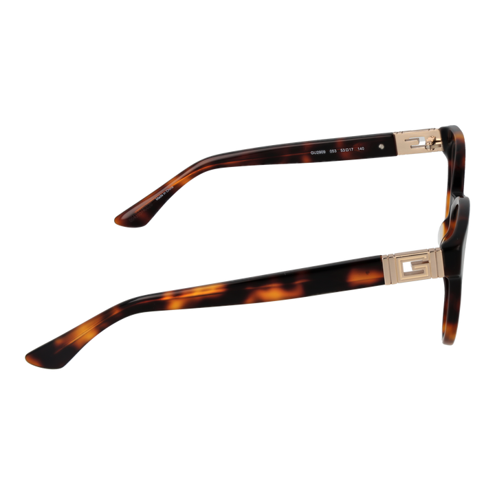 Guess tortoiseshell round eyeglasses for Women with gold temple accents and brown-black pattern