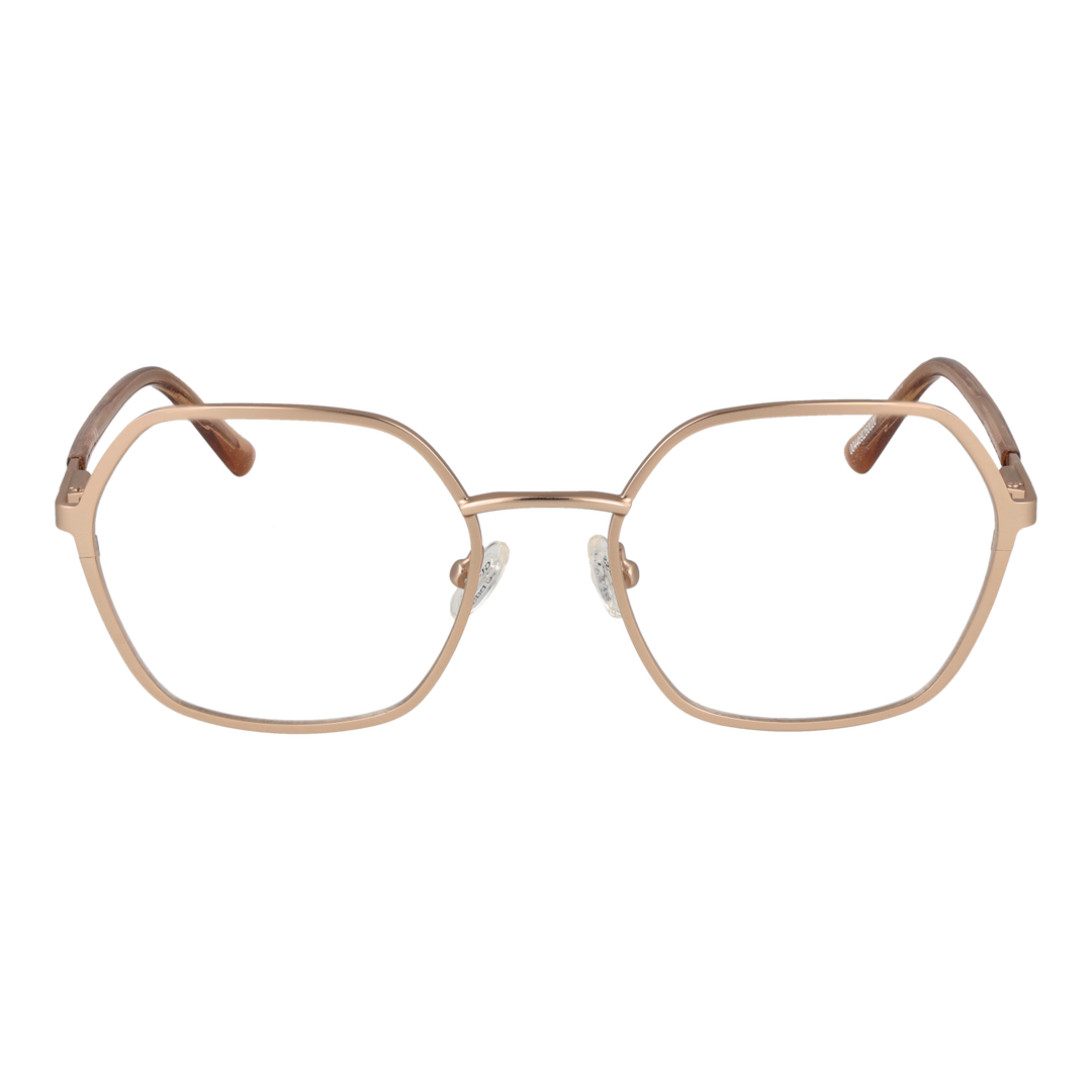 Rose gold thin metal hexagonal eyeglasses on neutral background, adjustable nose pads visible, Unisex modern geometric style
