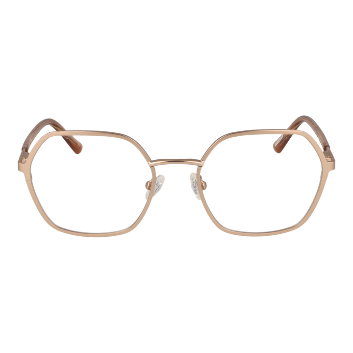 Rose gold thin metal hexagonal eyeglasses on neutral background, adjustable nose pads visible, Unisex modern geometric style