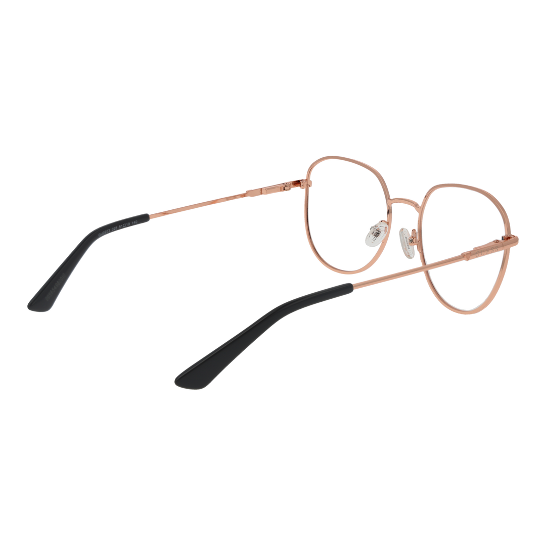 Unisex rose gold round metal eyeglasses with black temple tips and clear lenses, thin frame, adjustable nose pads.