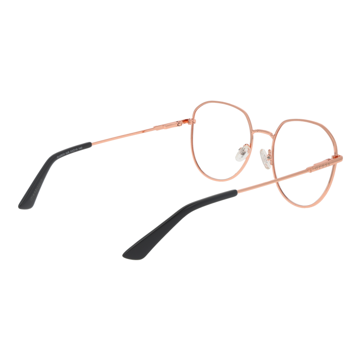 Unisex rose gold thin metal eyeglasses with black temple tips and rounded square lenses on white background