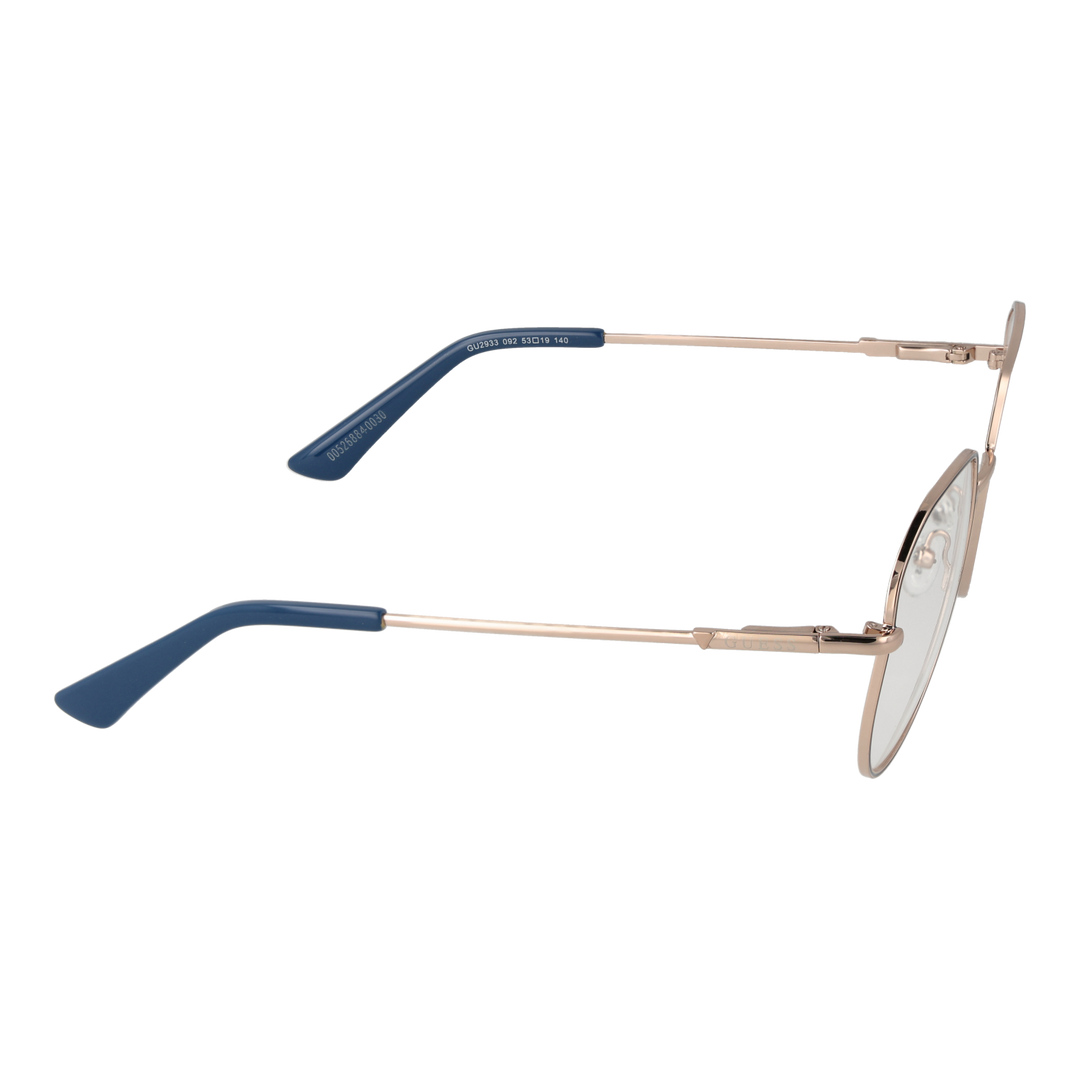 Rose gold metal eyeglasses with rounded square lenses and navy accents on thin temples, Unisex frame