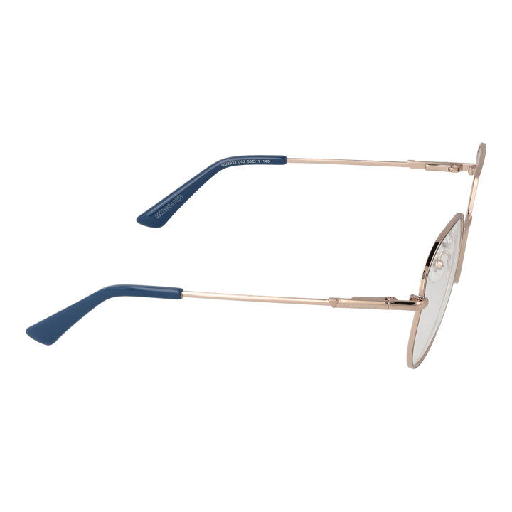 Rose gold metal eyeglasses with rounded square lenses and navy accents on thin temples, Unisex frame