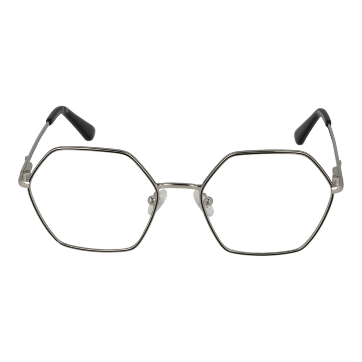 Unisex silver hexagonal metal eyeglasses with thin temples and black temple tips on white background