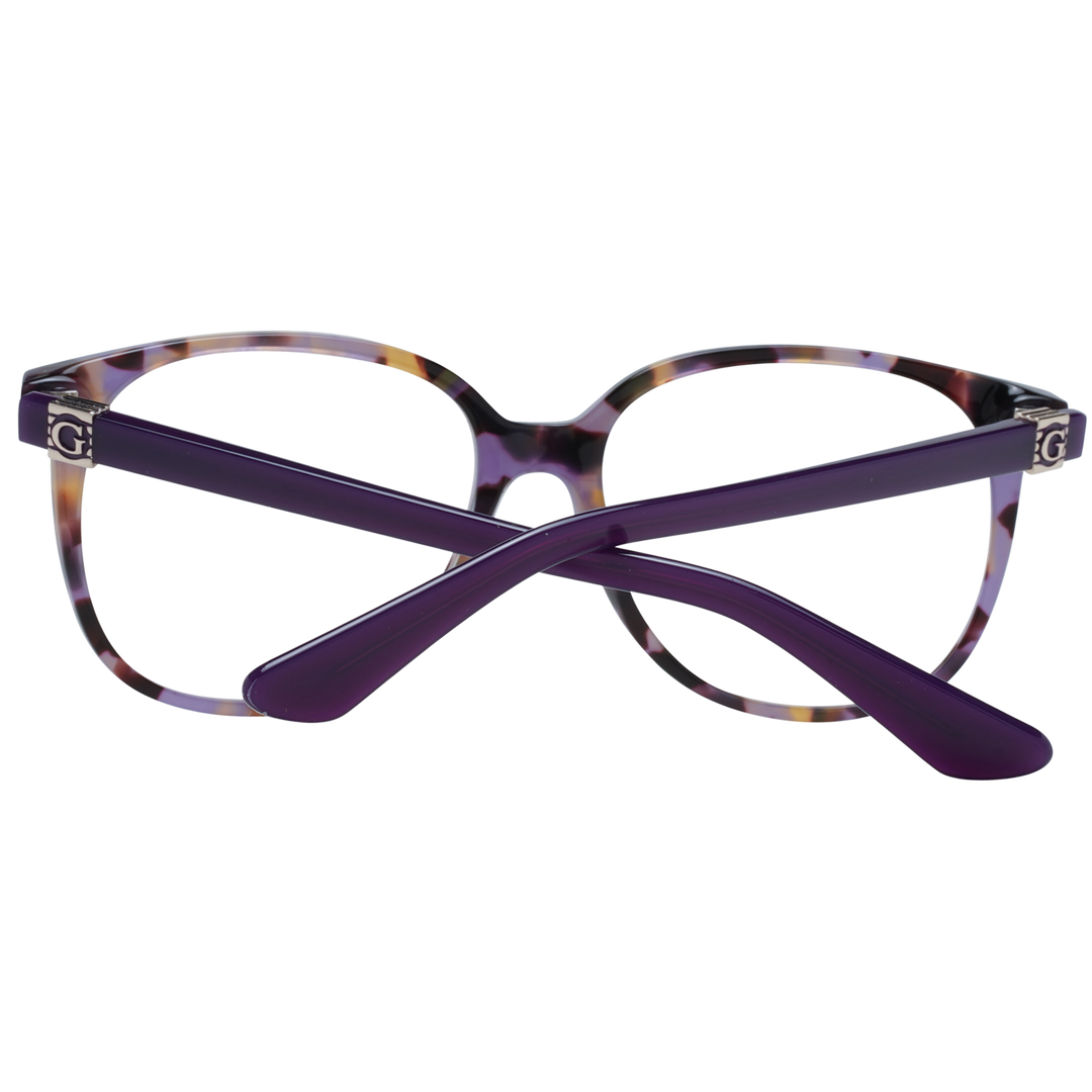 Purple tortoiseshell round eyeglasses in plastic with metal logo on temple, front three-quarter view