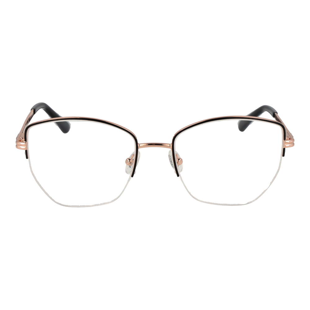 Rose gold thin metal rectangular eyeglasses with black plastic temple tips on white background, modern minimalist design