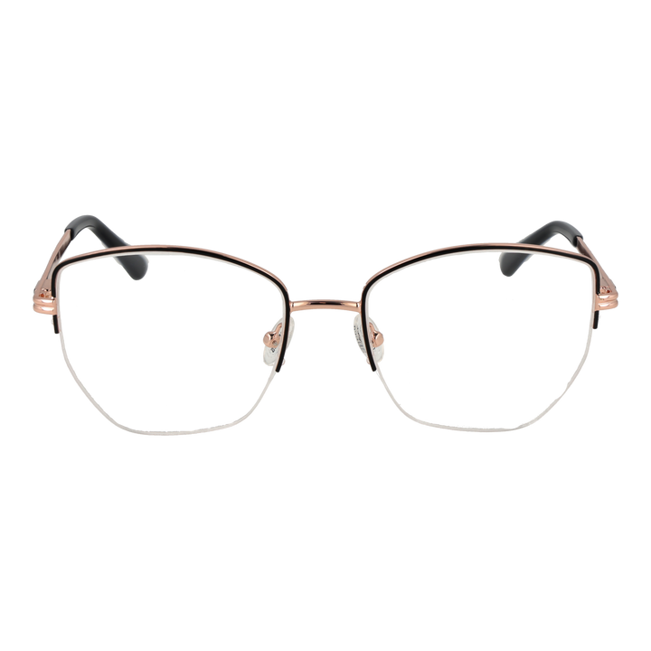 Rose gold thin metal rectangular eyeglasses with black plastic temple tips on white background, modern minimalist design