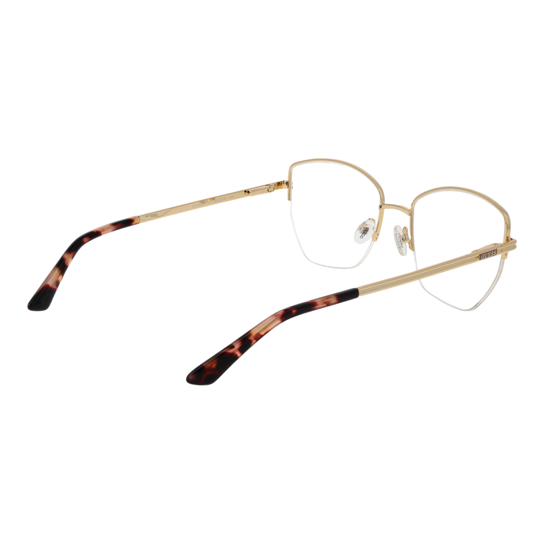 Gold thin metal square eyeglasses with tortoiseshell temple tips on white background, front view