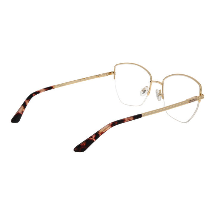 Gold thin metal square eyeglasses with tortoiseshell temple tips on white background, front view