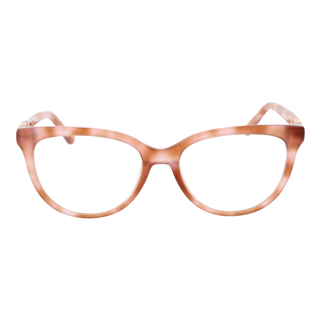 Brownish-pink plastic cat-eye eyeglasses with decorative gold emblem on temples, full-rim frame