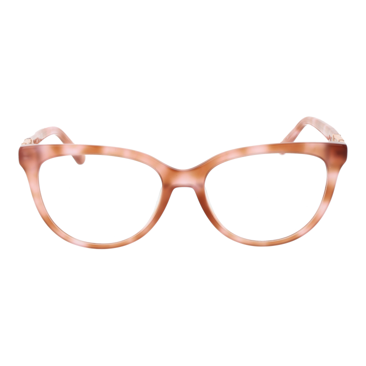 Brownish-pink plastic cat-eye eyeglasses with decorative gold emblem on temples, full-rim frame