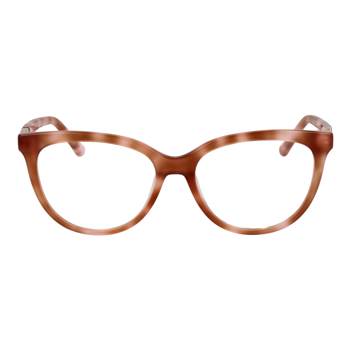 Brown plastic cat-eye eyeglasses with decorative metal temple accents on a neutral background for Women