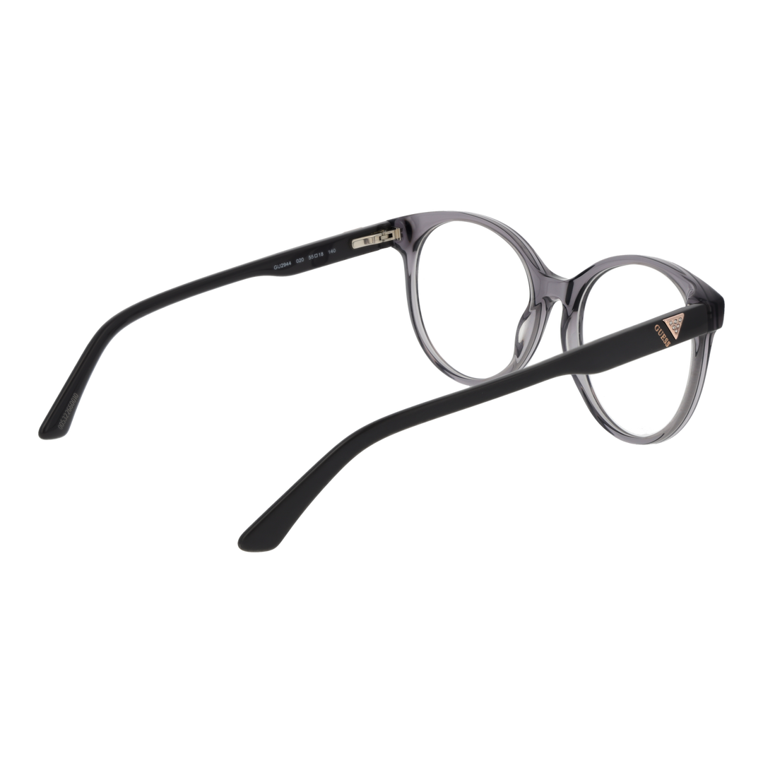 Black and transparent gray plastic round eyeglasses with logo on temples, modern women&