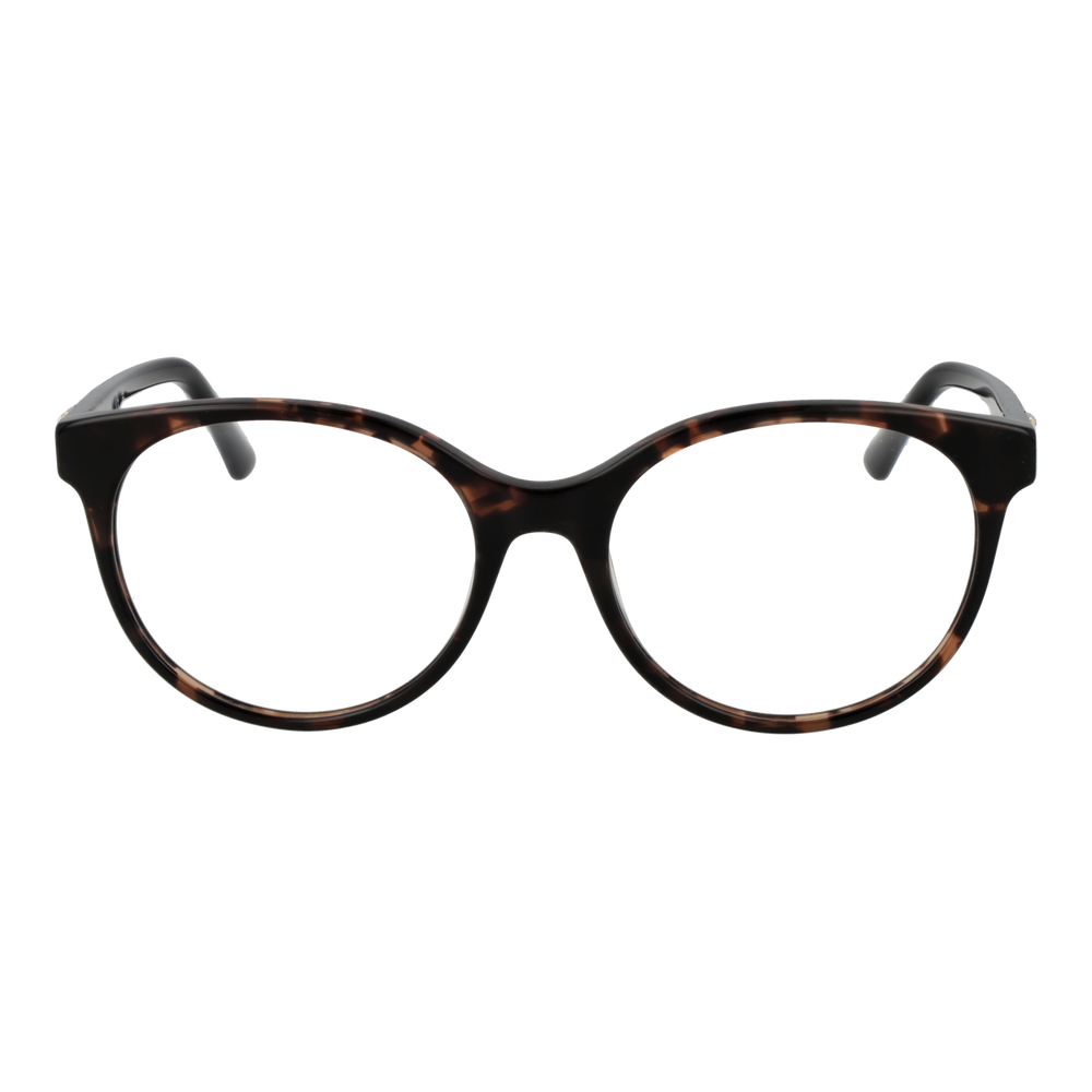 Tortoiseshell round eyeglasses with black temples and temple logo on neutral background