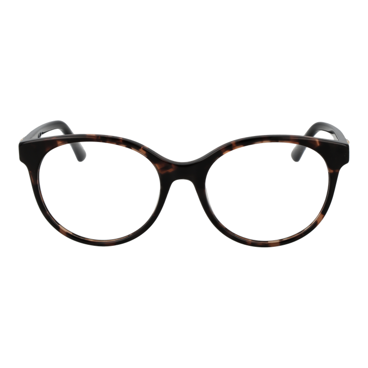 Tortoiseshell round eyeglasses with black temples and temple logo on neutral background