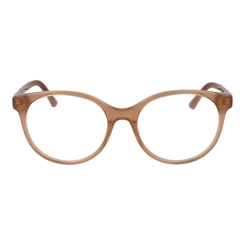Round transparent eyeglasses with brown leopard-patterned temples and metal logo detail for Women