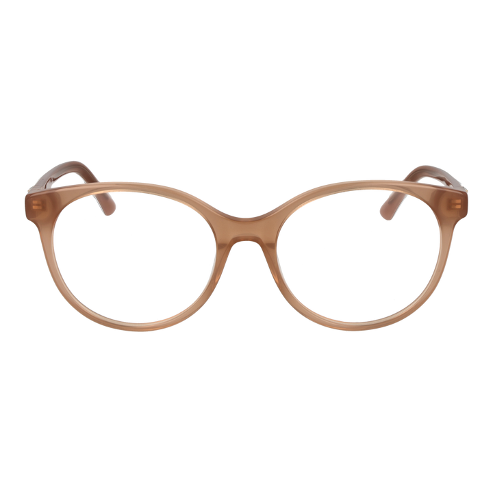 Round transparent eyeglasses with brown leopard-patterned temples and metal logo detail for Women