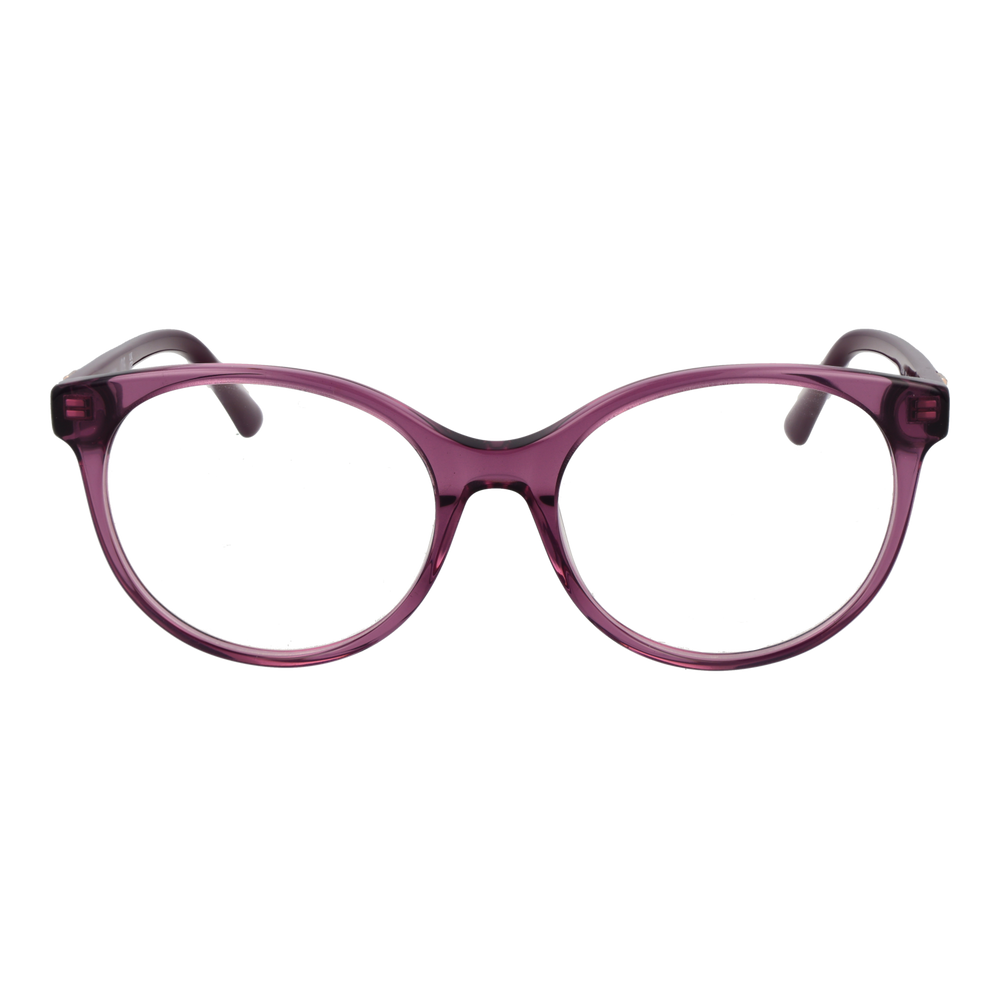 Transparent purple round eyeglasses in plastic with logo temples on clean white background