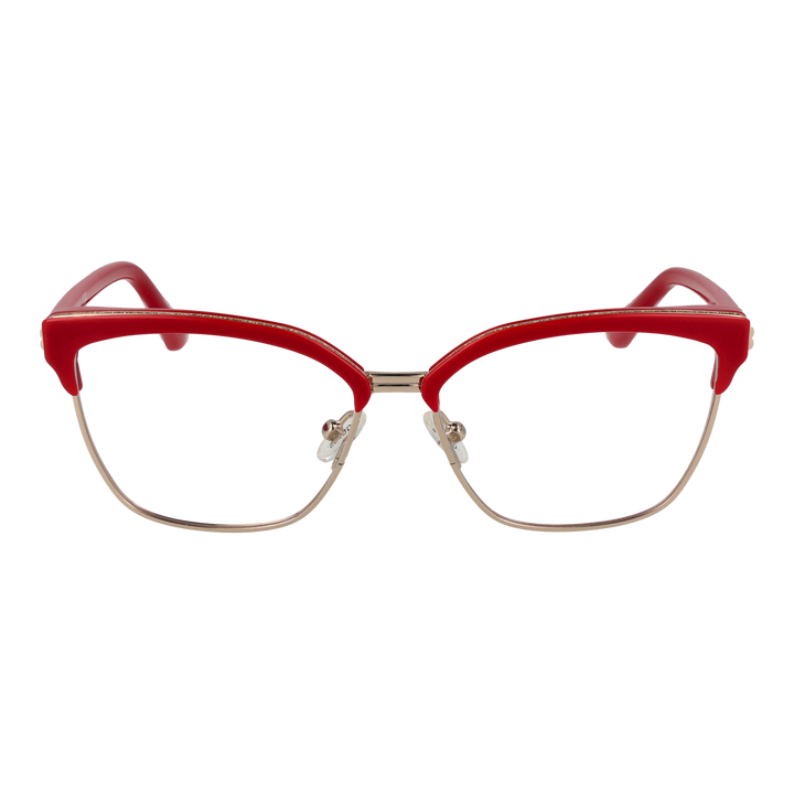 Red cat-eye eyeglasses with gold metal frame and plastic temple tips shown front-on