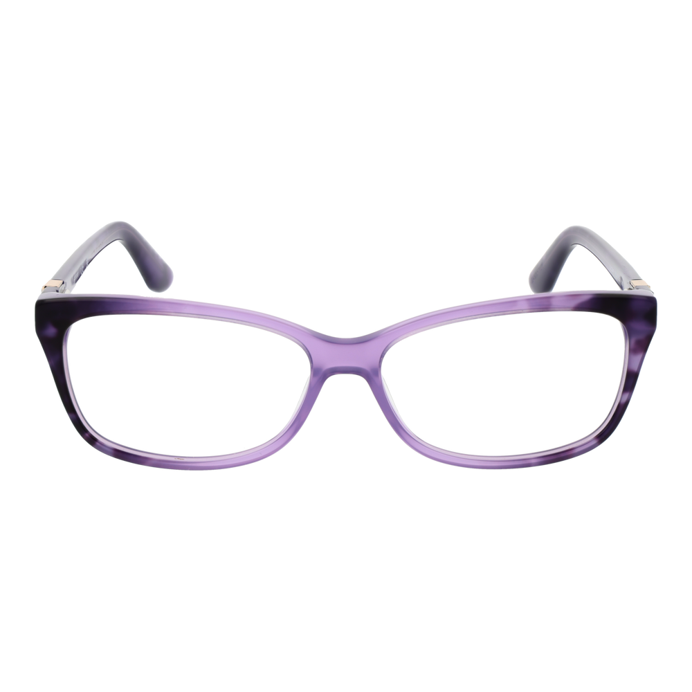 Purple tortoiseshell rectangular eyeglasses in plastic with gold temple accents on neutral background