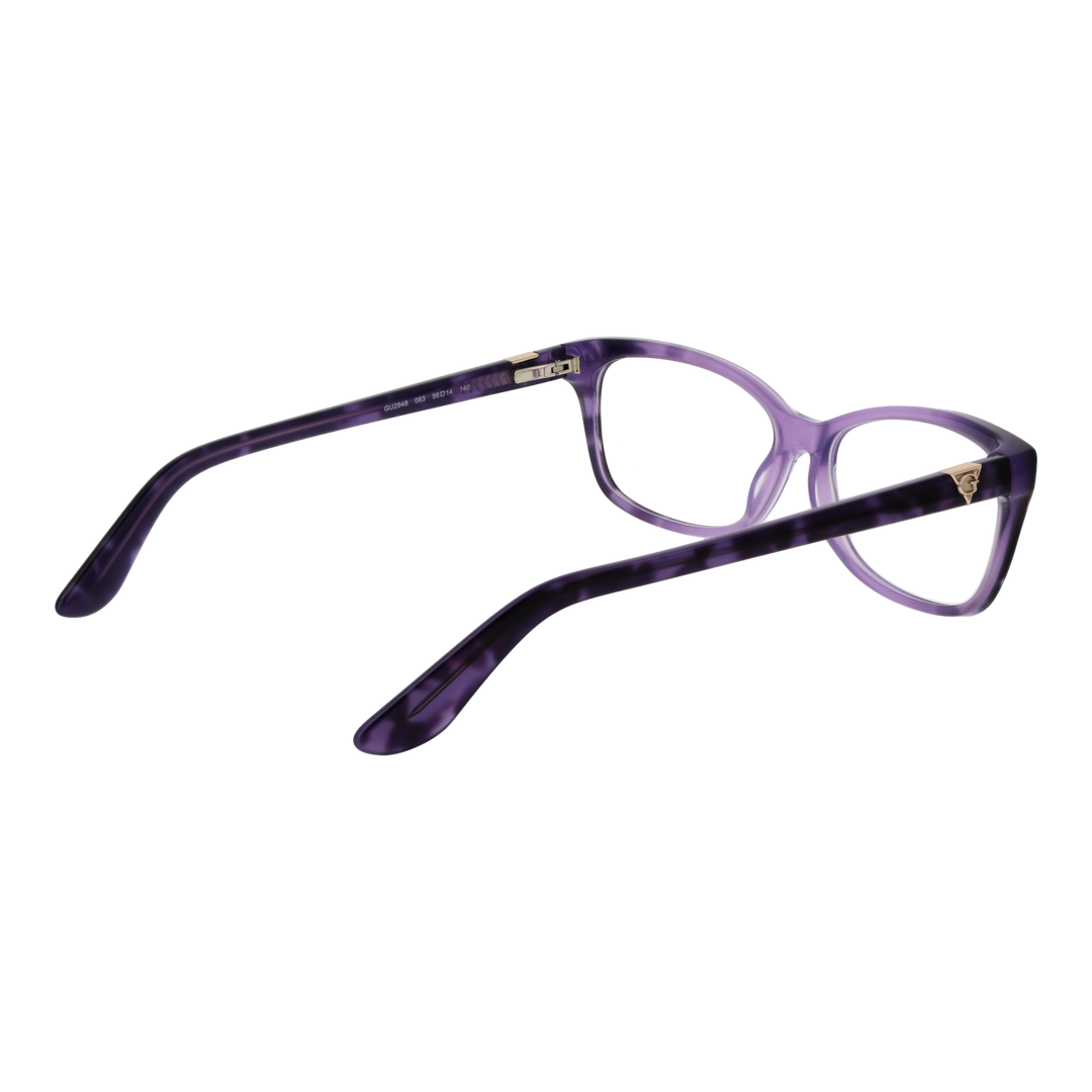 Purple tortoiseshell rectangular eyeglasses in plastic with gold temple accents on neutral background