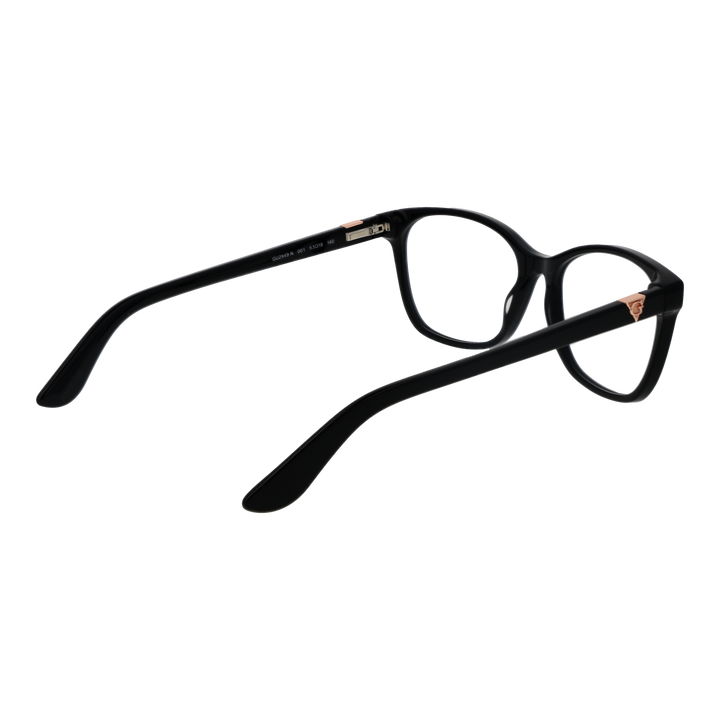Black full-rim rectangular eyeglasses with rose-gold temple accents on a neutral background for Women