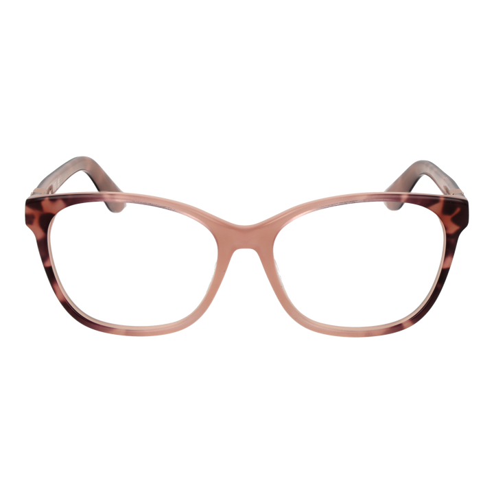 Pink and tortoiseshell full-rim rectangular eyeglasses with decorative metal logo on temples