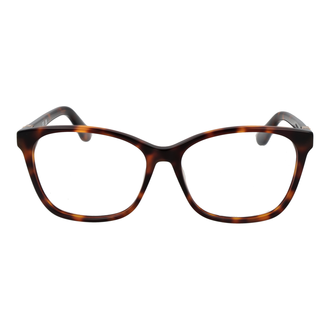 Tortoise brown square eyeglasses in plastic with gold temple accents, shown front and side views