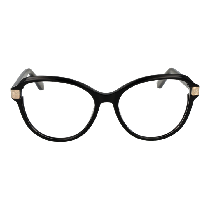 Black round eyeglasses for Women with gold hinge accents and patterned inner arms, front and three-quarter view