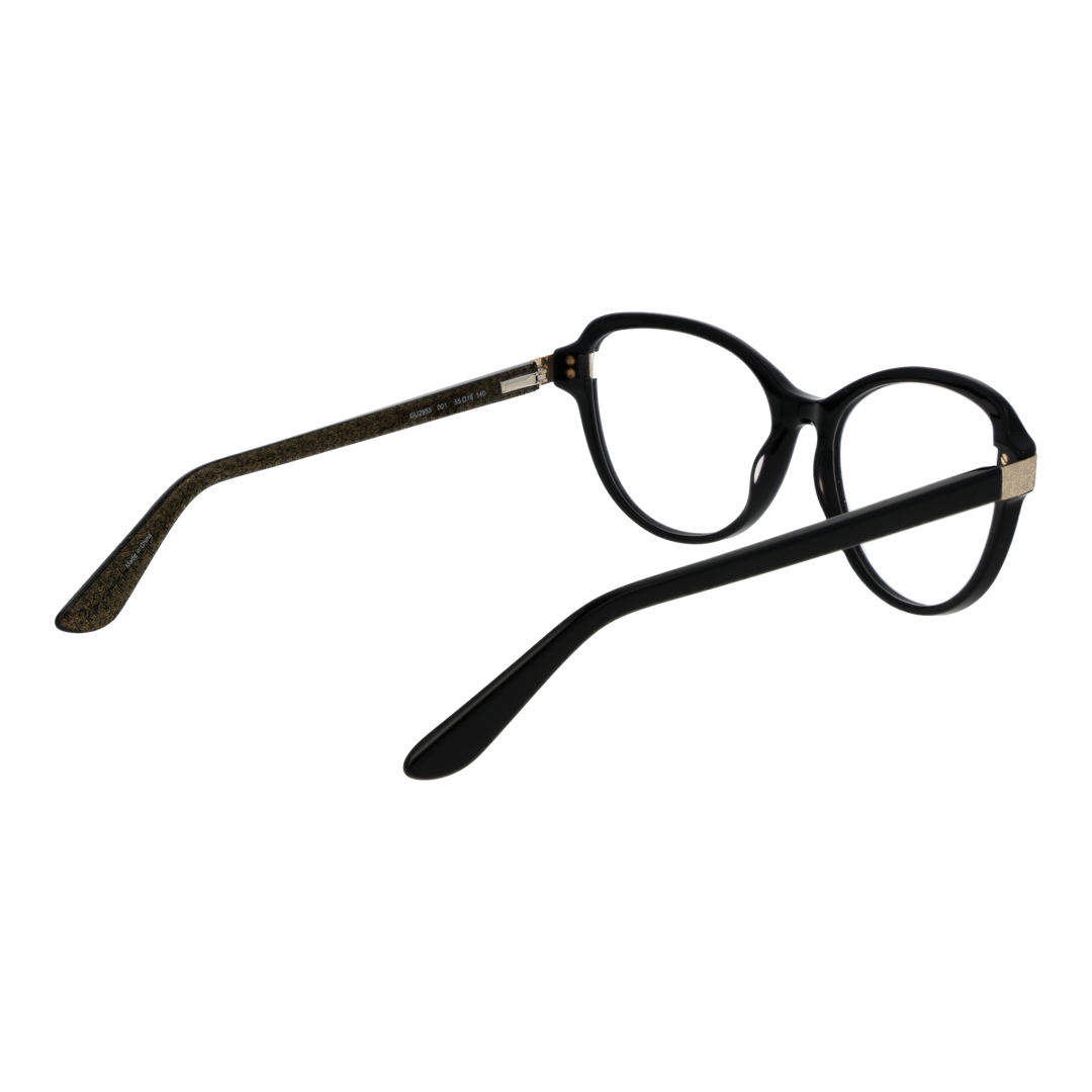 Black round eyeglasses for Women with gold hinge accents and patterned inner arms, front and three-quarter view