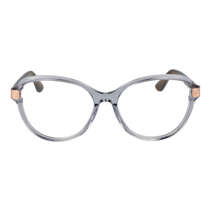 Transparent gray round eyeglasses with black temples and rose gold hinge accents, modern plastic frame