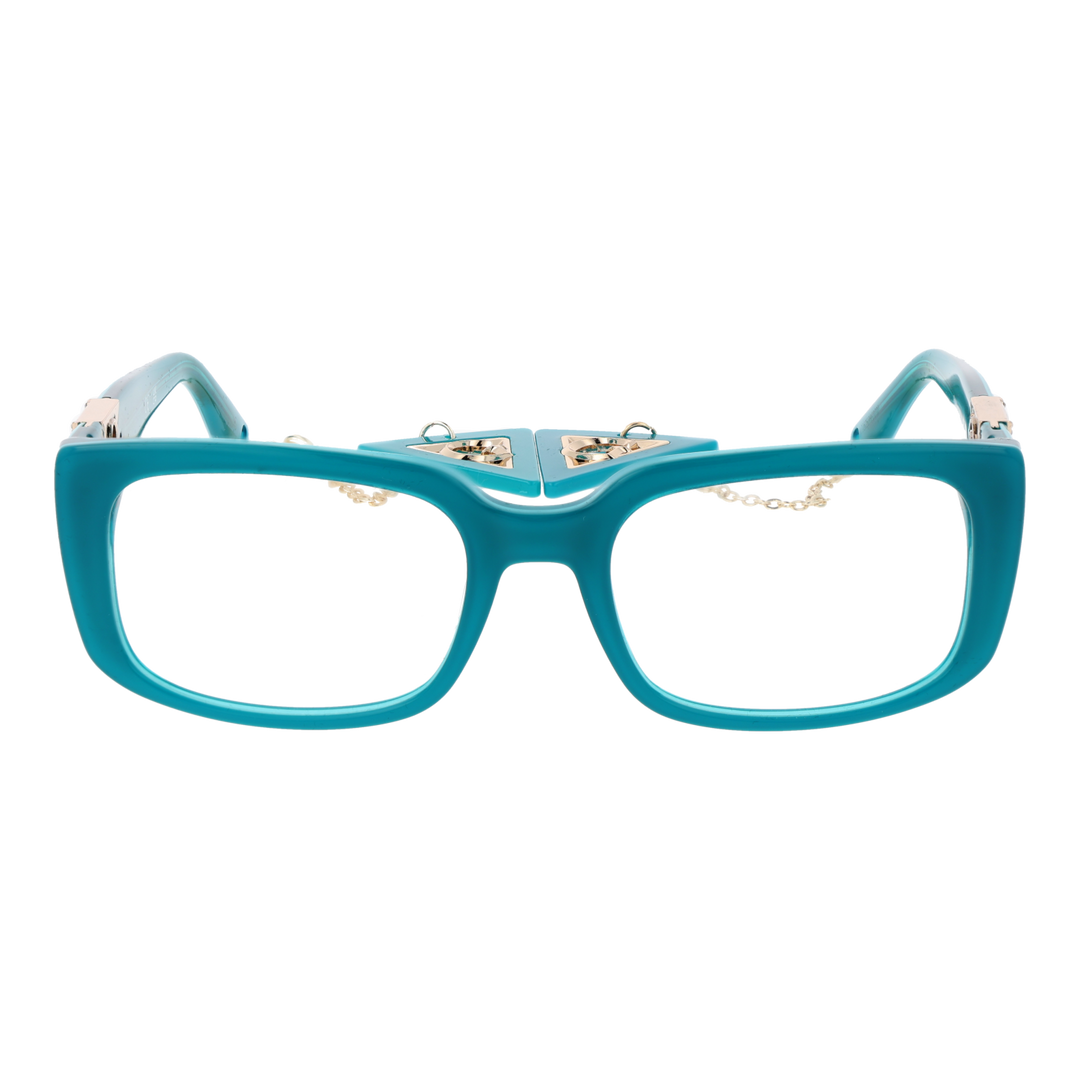 Teal square eyeglasses for Women with gold triangular logo accents and delicate gold chain detail