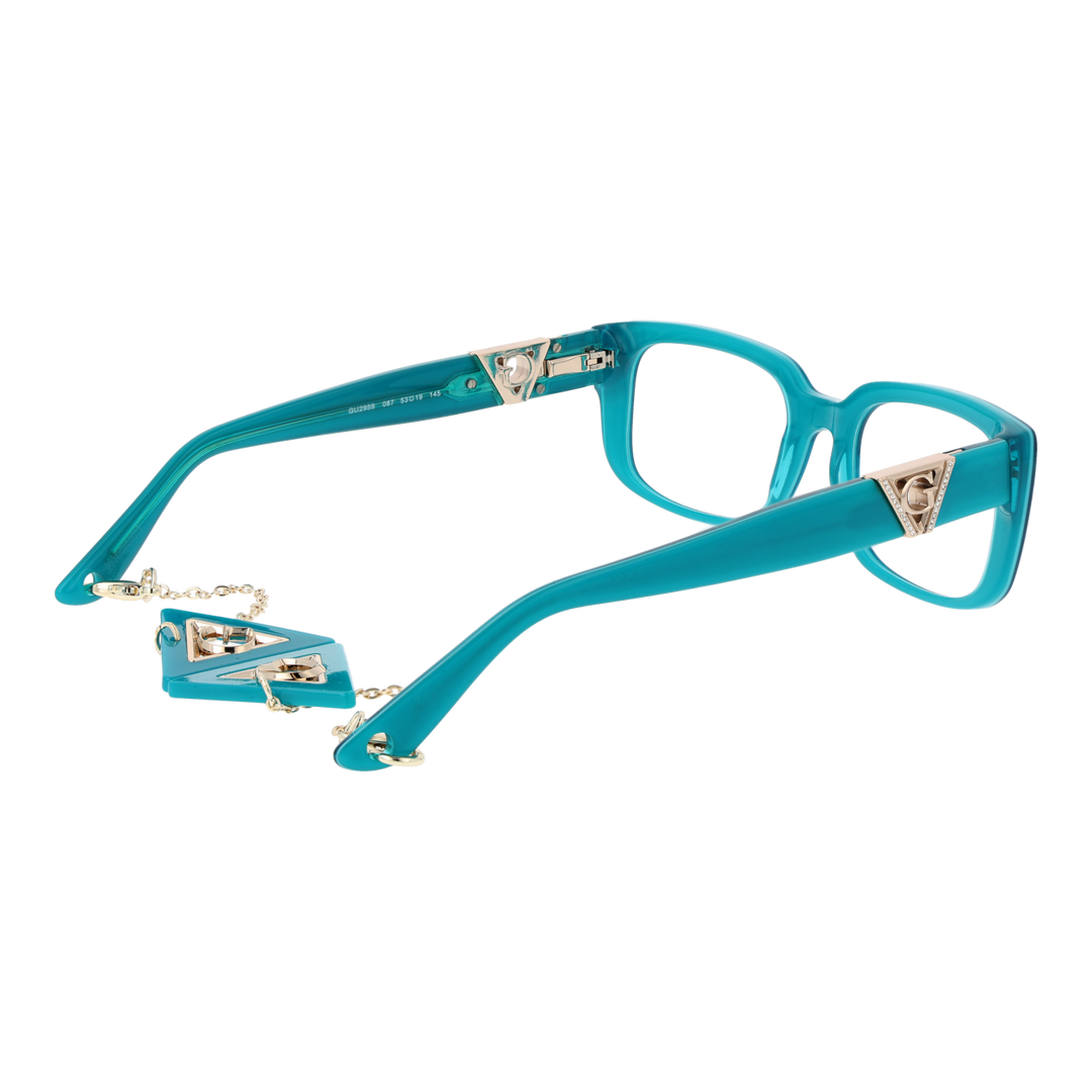 Teal square eyeglasses for Women with gold triangular logo accents and delicate gold chain detail