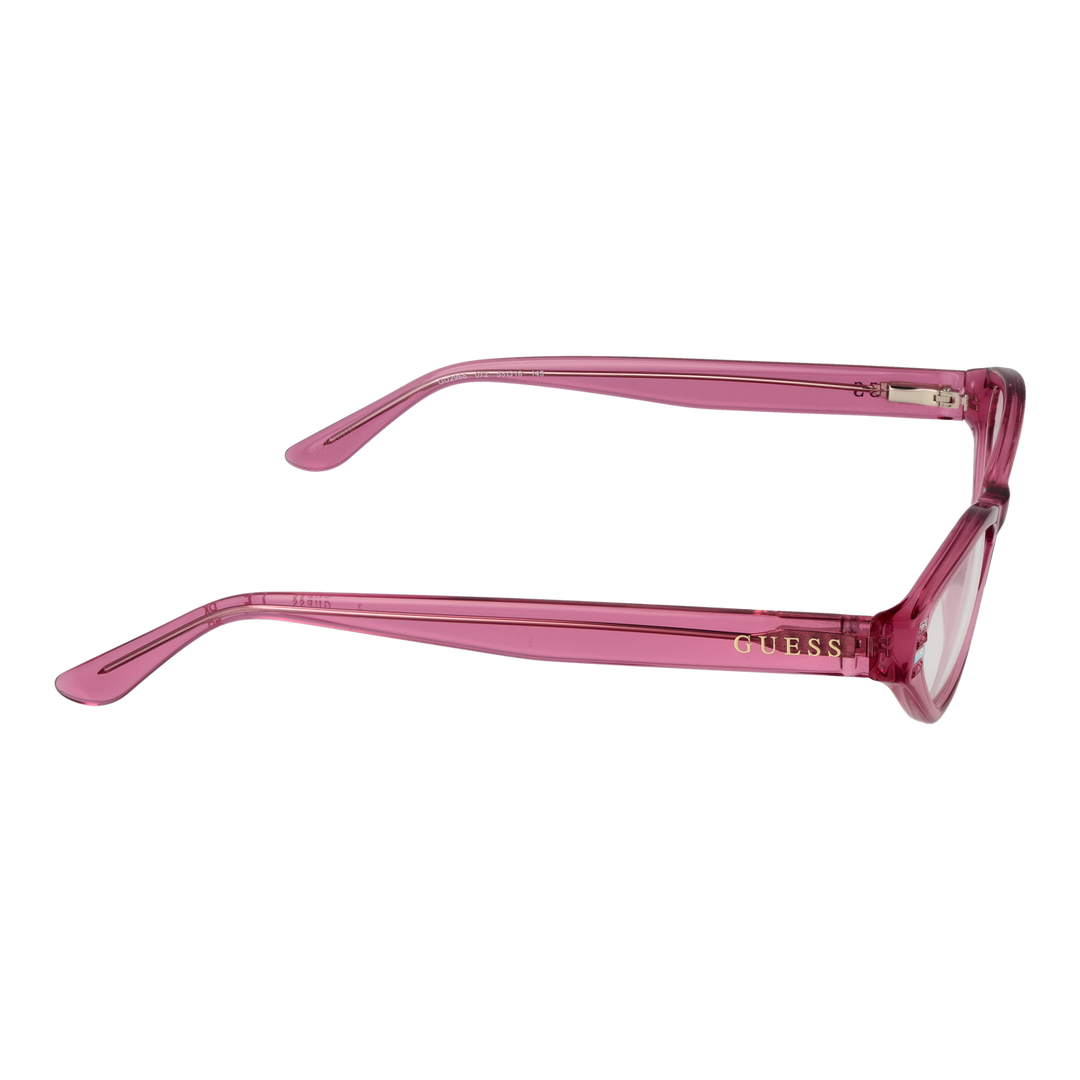 Transparent pink cat-eye eyeglasses in plastic with decorative side accents on neutral background