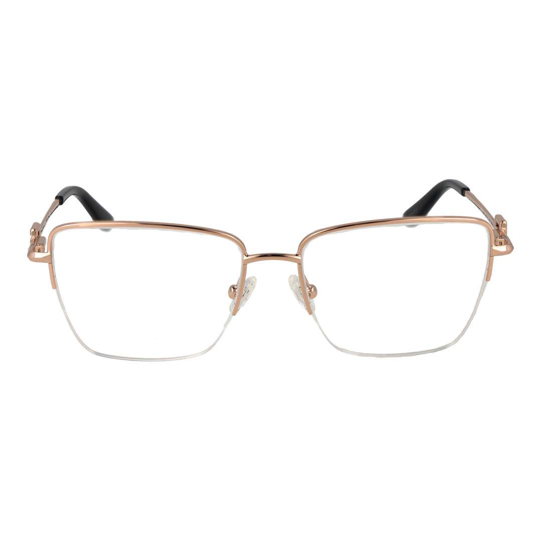 Rose gold and black metal rectangular eyeglasses with decorative hinge and adjustable nose pads on white background