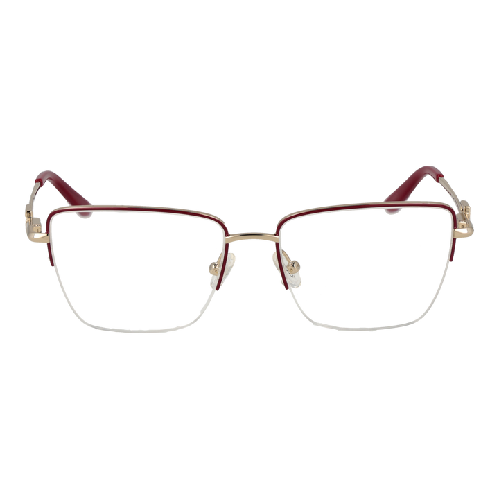 Gold metal semi-rimless rectangular eyeglasses with red top rim and decorative hinge detail on white