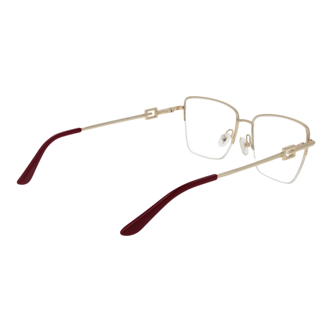 Gold metal semi-rimless rectangular eyeglasses with red top rim and decorative hinge detail on white