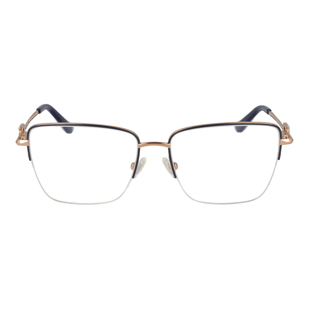 Unisex gold thin metal rectangular eyeglasses with clear lenses and decorative hinge, shown front angle on white background