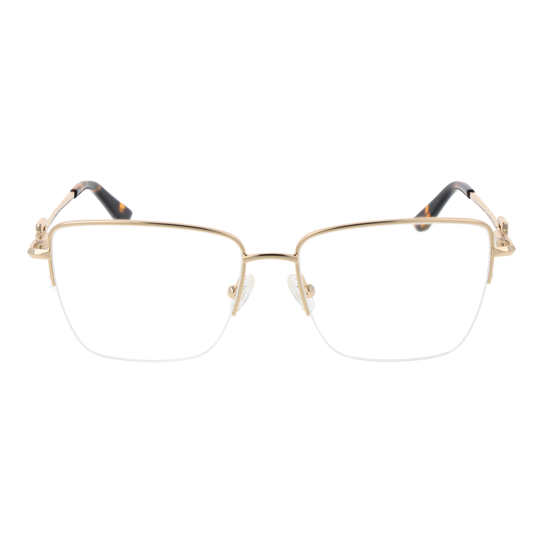 Gold semi-rimless eyeglasses with tortoise accents, square lenses, adjustable nose pads, decorative G logo on temples.