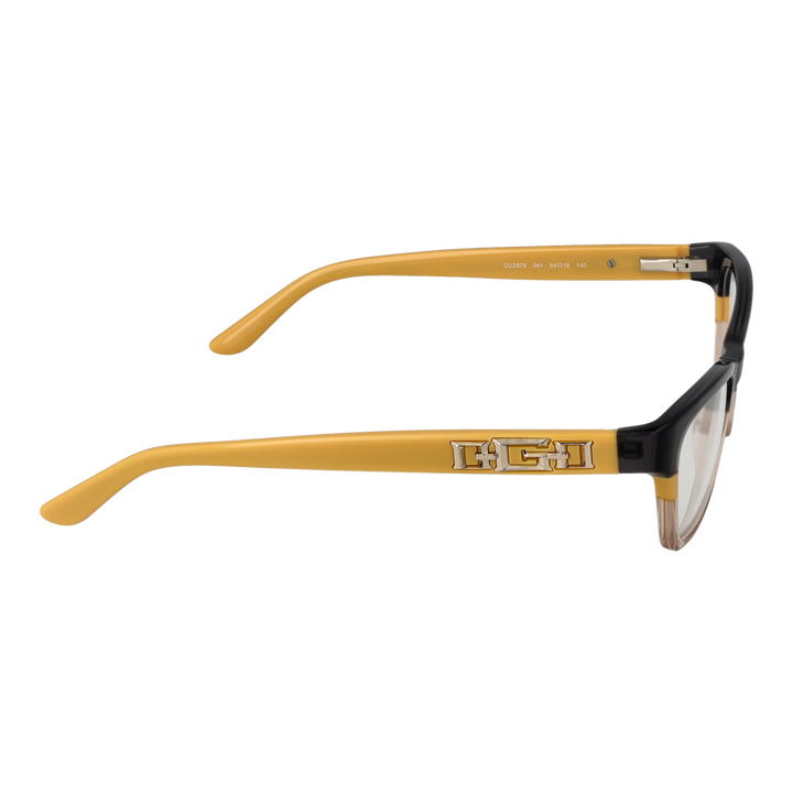 Black and yellow two-tone rectangular eyeglasses with metal logo temples on white background for Women