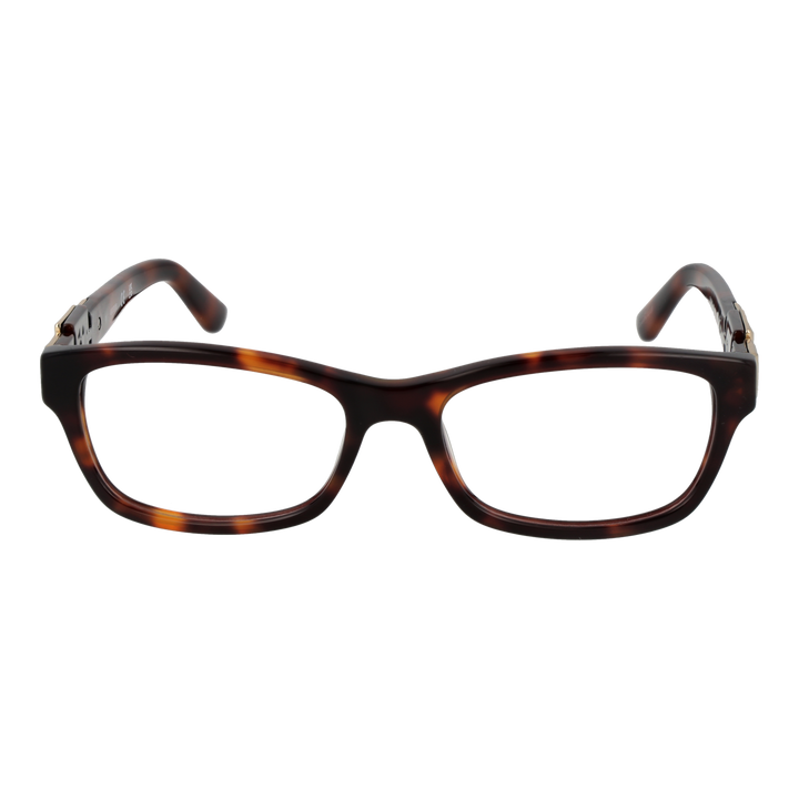 Tortoise brown full-rim rectangular eyeglasses with gold decorative hinge, lightweight plastic frame, front three-quarter view