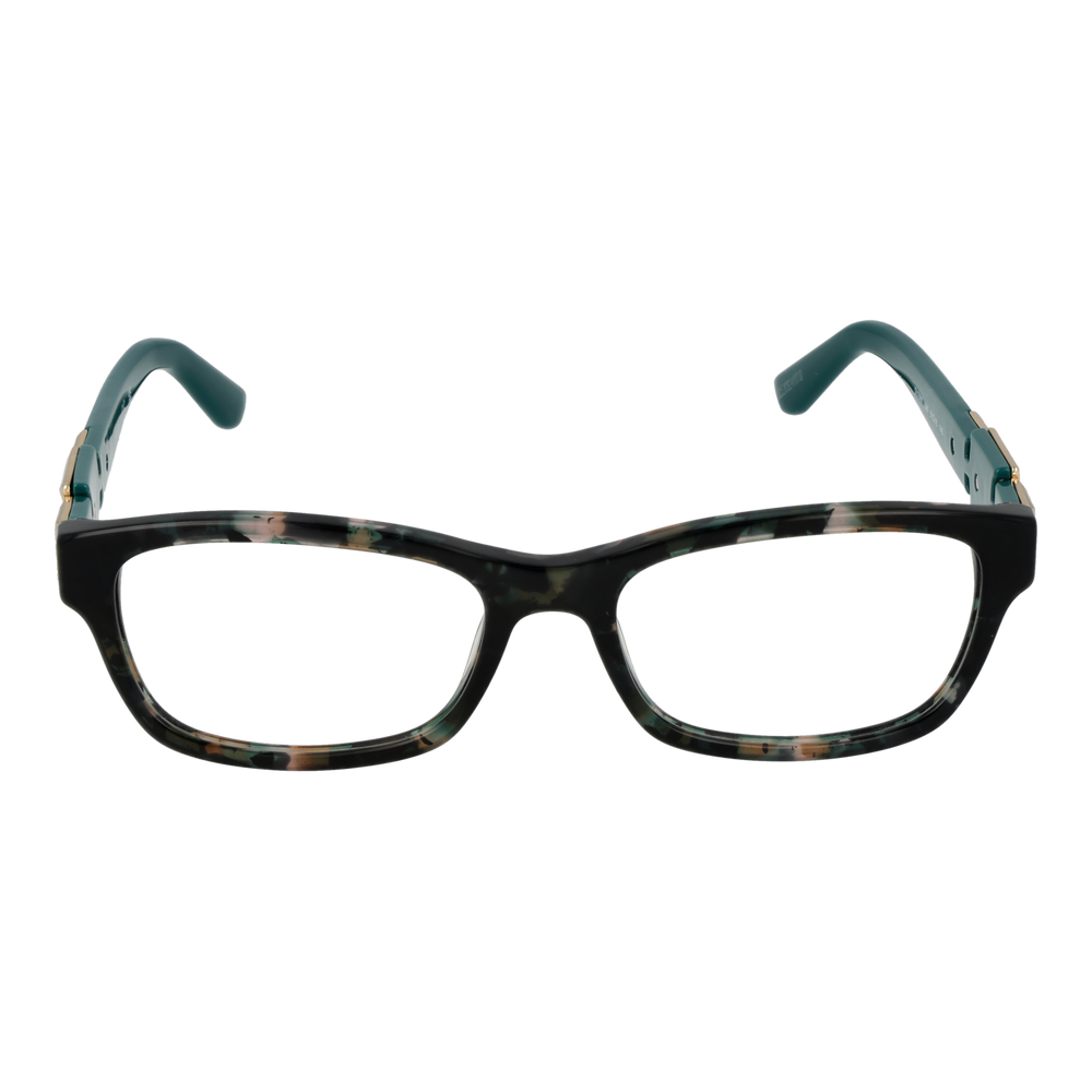 Black rectangular eyeglasses for Women with green-tinted lenses and gold logo temples, plastic full-rim frame