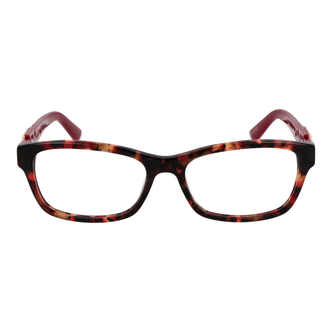 Tortoise shell rectangular eyeglasses for Women with red temples and gold-tone metal temple accents